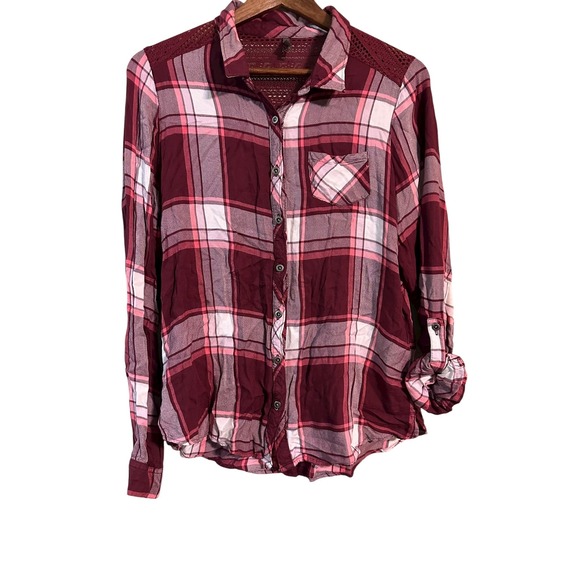 Womens Plaid Button Down Shirt Long Sleeve Burgundy Pink Lace Shoulder - Picture 1 of 9